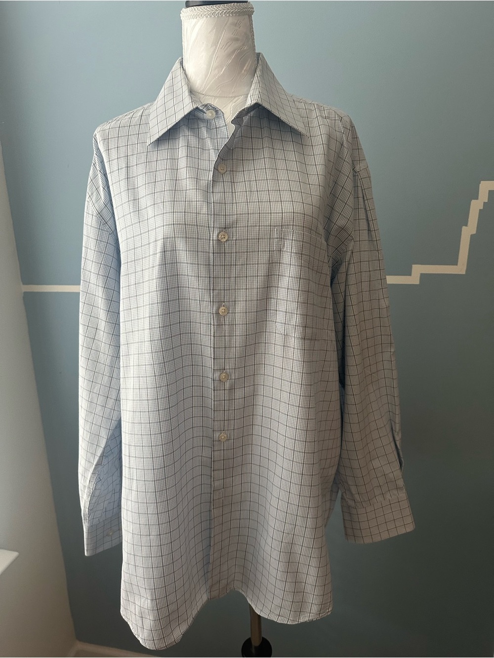 Perry Ellis Light Blue Windowpane Dress Shirt 17.5 34/35